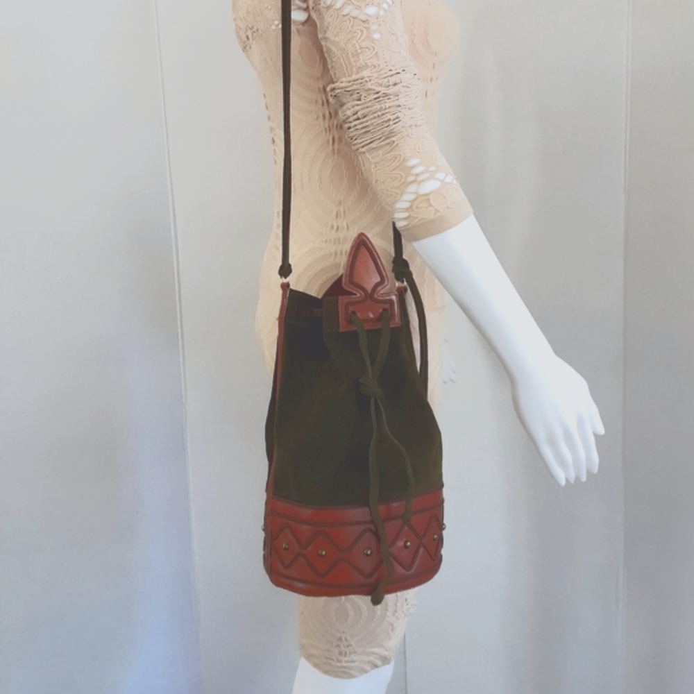 VTG YVES STAINT LAURANT ANJA Green Suede Caramel Leather Mini Bucket Bag - Picture 2 of 13